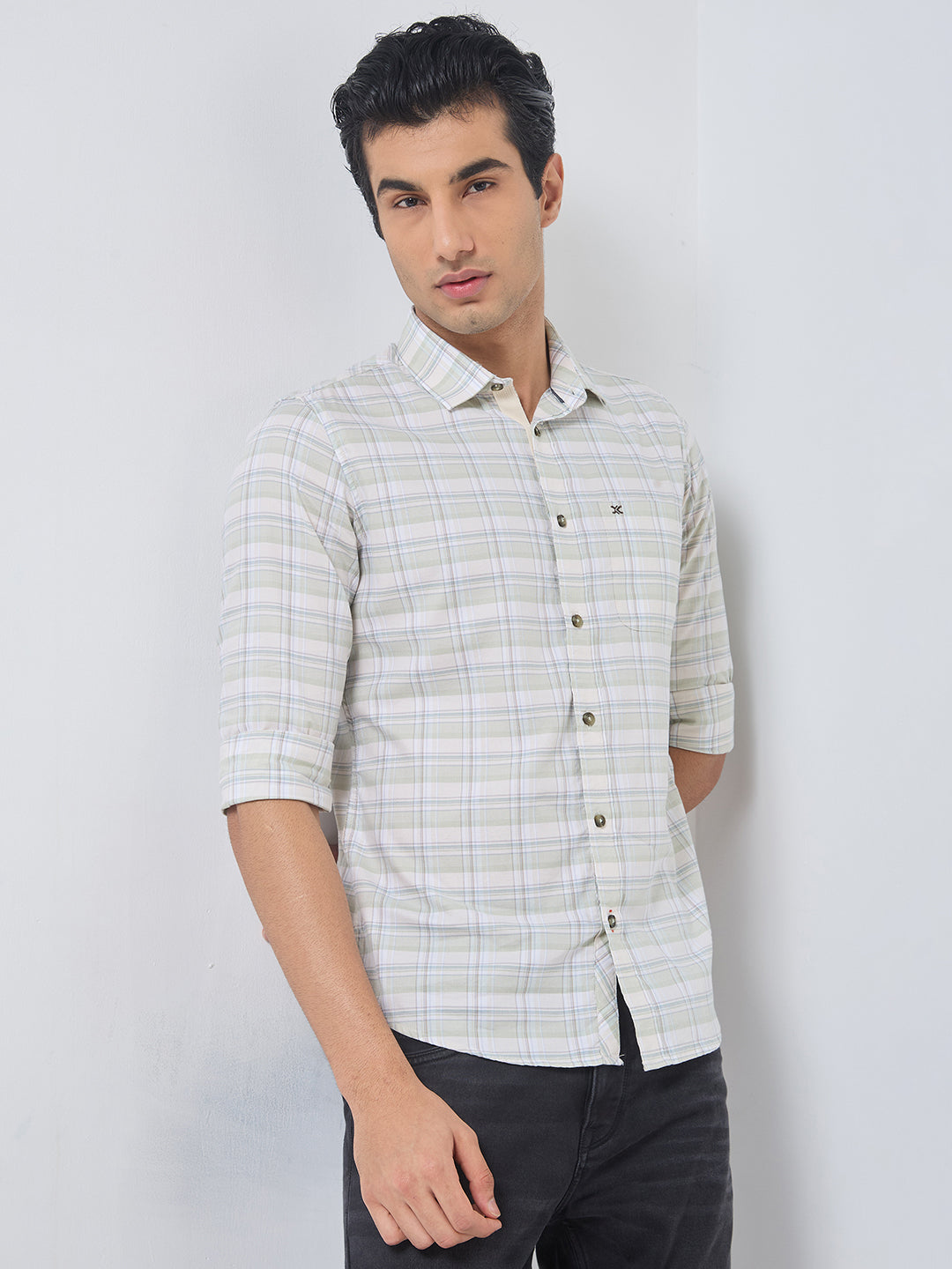 Killer Men Light Green Checks Slim Fit Shirts
