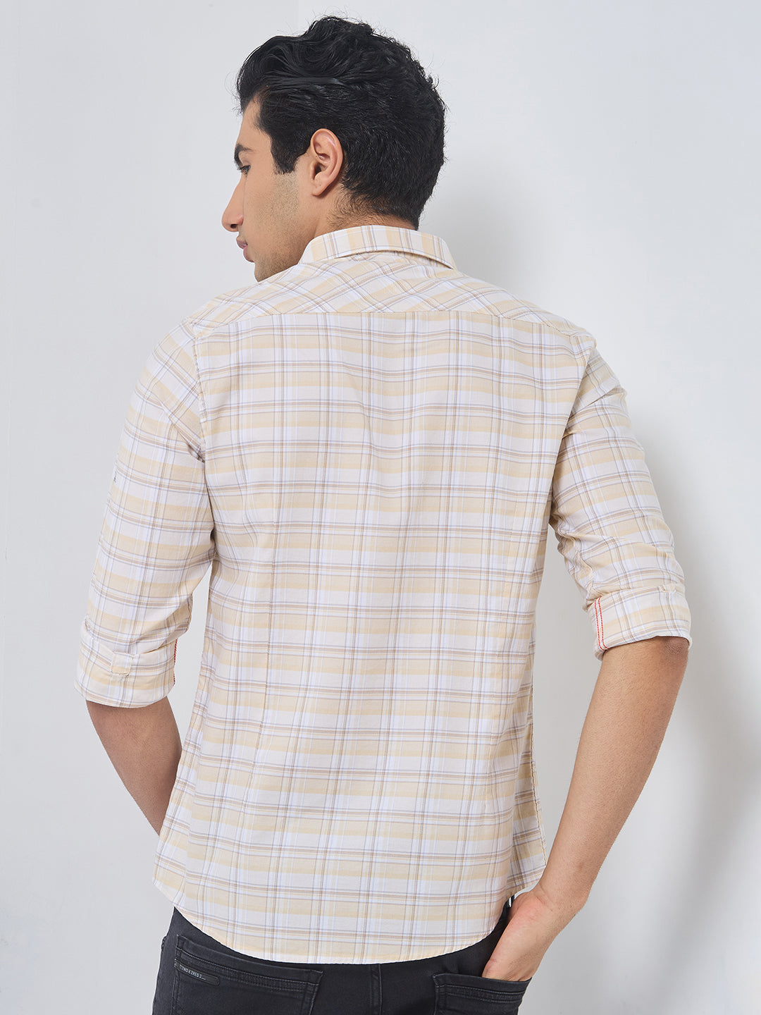 Killer Men Light Yellow Checks Slim Fit Shirts