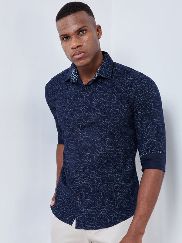 Killer Men Navy Blue Printed Slim Fit Shirts