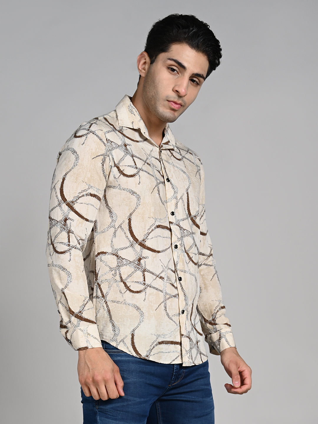 Killer Men Cream Printed Slim Fit Shirts