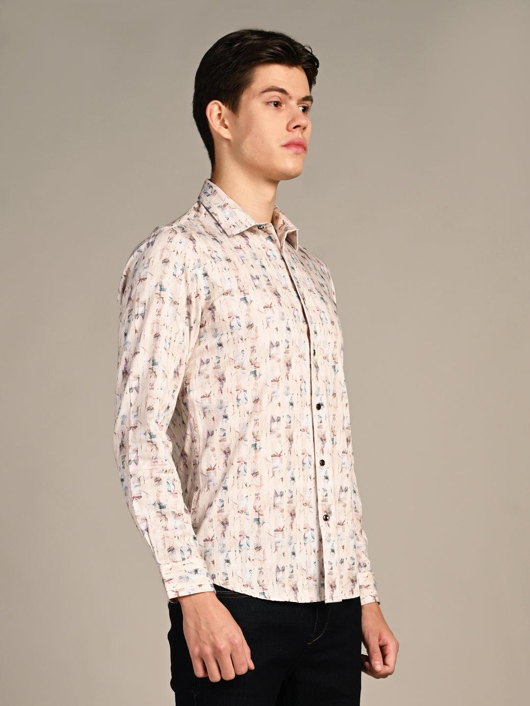 Killer Men Beige Printed Slim Fit Shirts