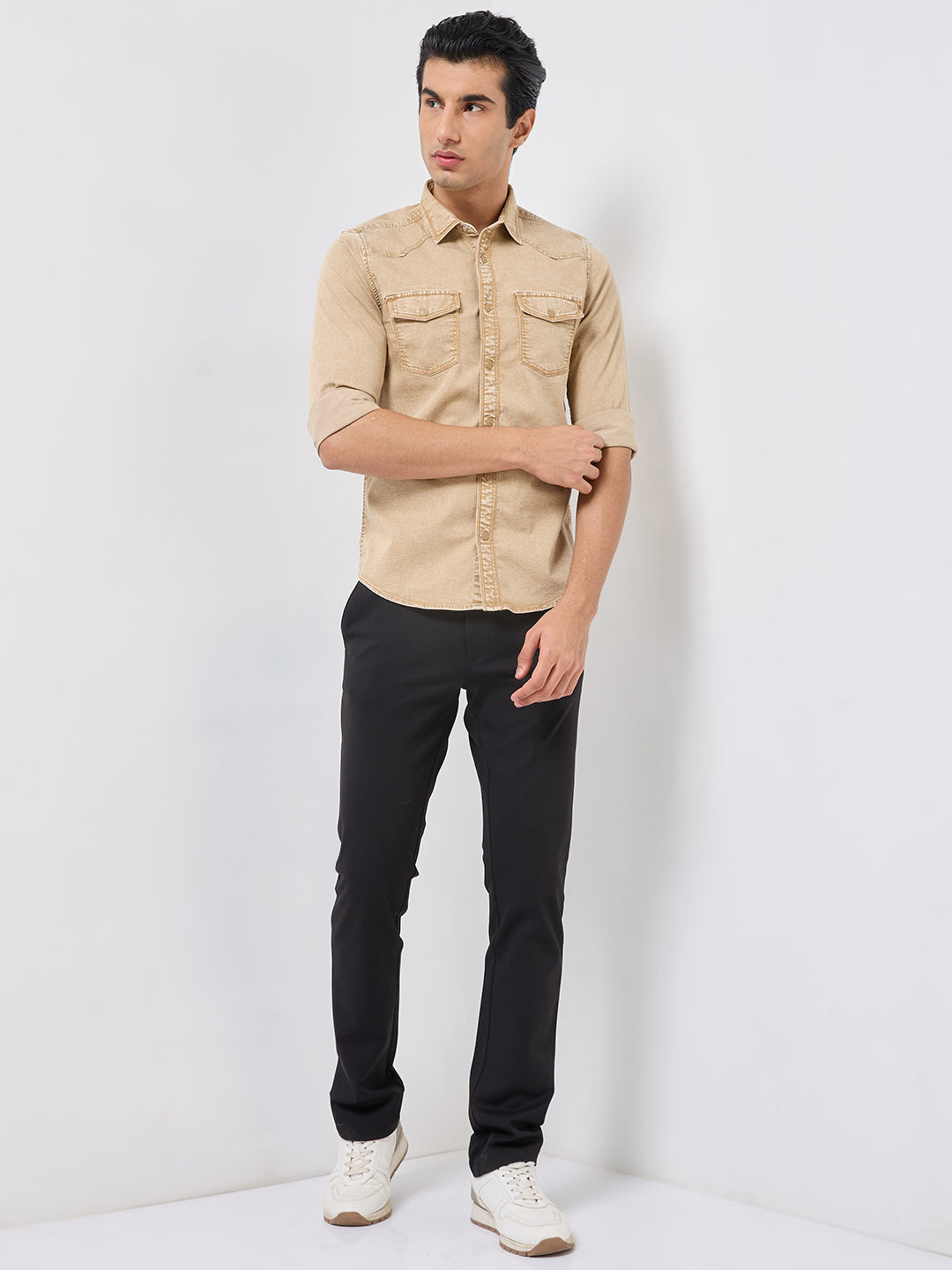 Killer Men Khaki Solid Slim Fit Shirts