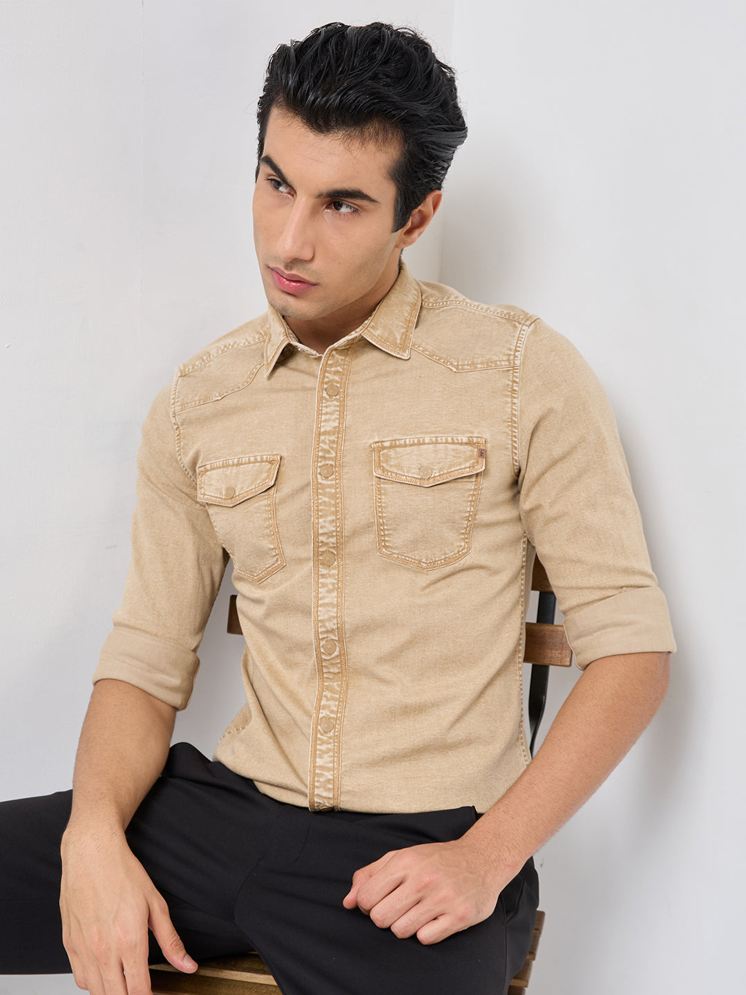 Killer Men Khaki Solid Slim Fit Shirts