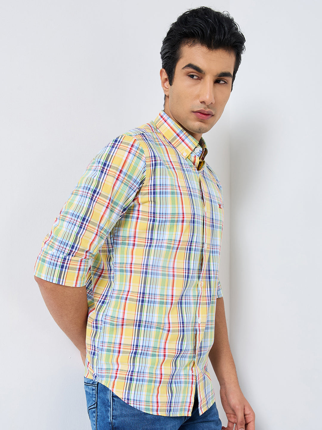 Killer Men Yellow Checks Slim Fit Shirts