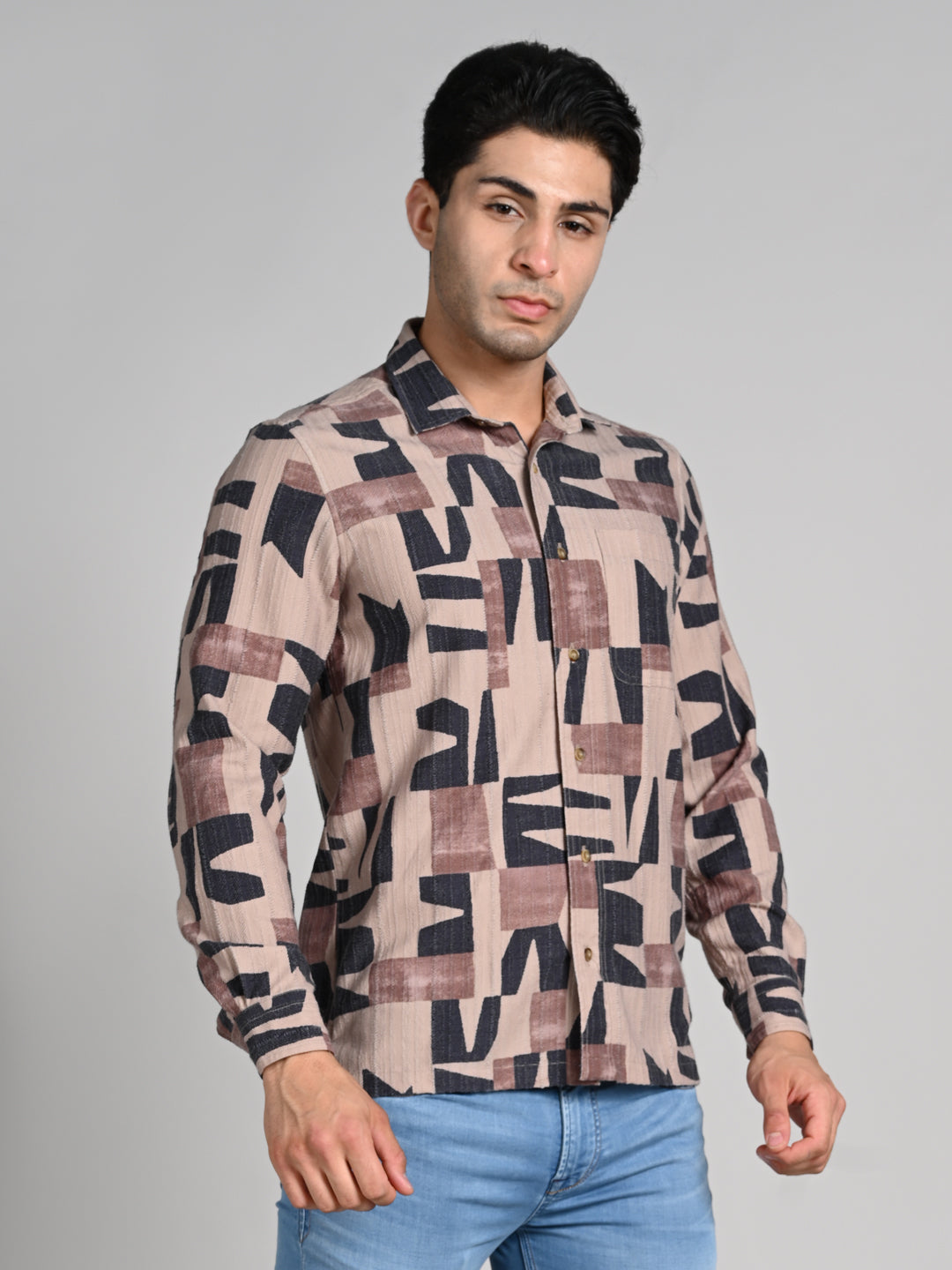 Killer Men Beige Printed Straight Fit Shirts