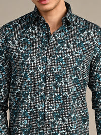 Killer Men Peacock Blue Printed Slim Fit Shirts