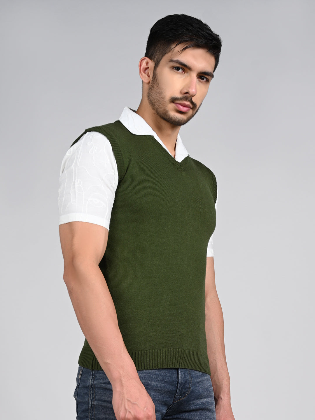 Killer Men V Neck Sleeveless Olive Sweaters