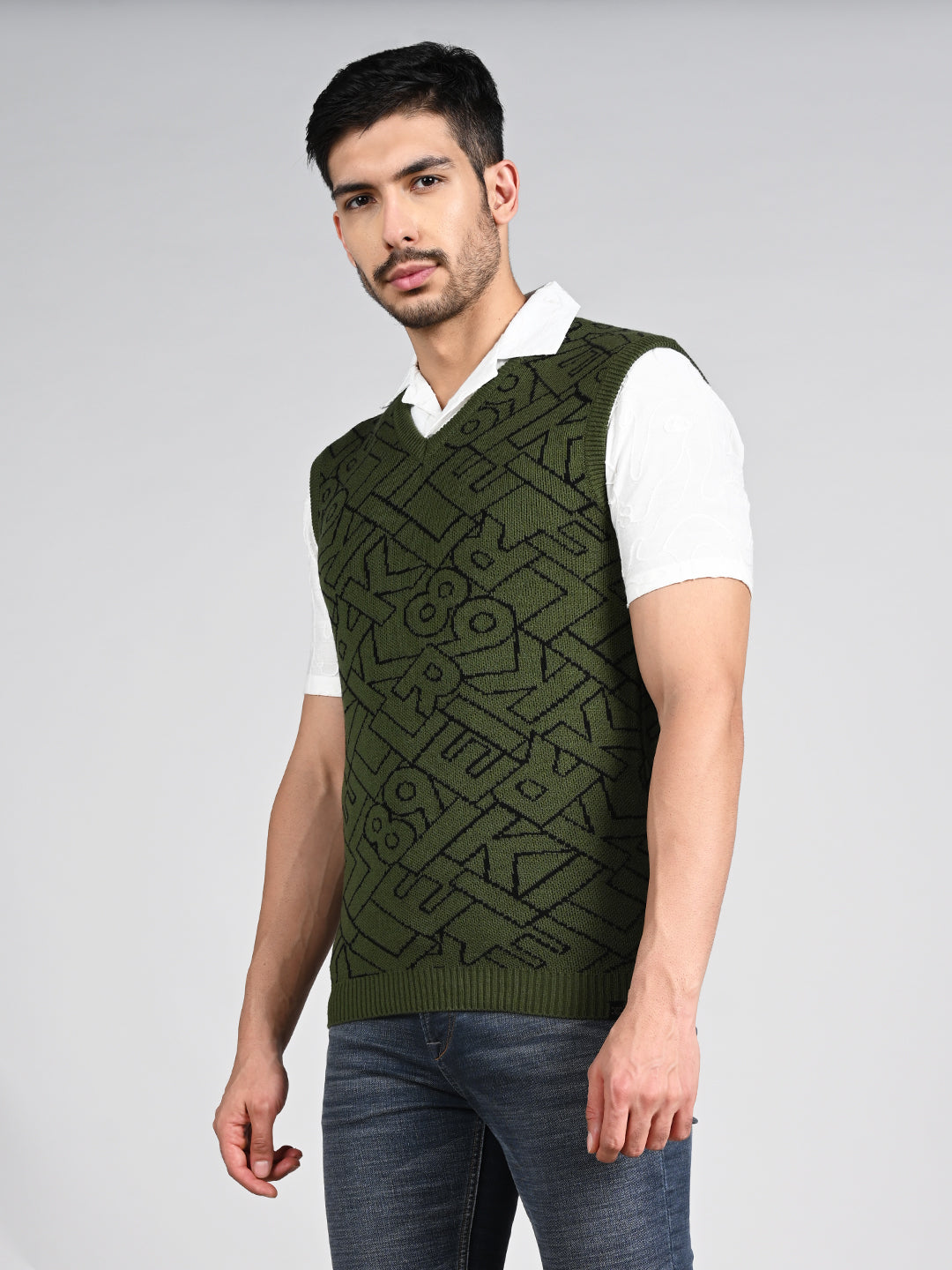 Killer Men V Neck Sleeveless Dark Olive Sweaters