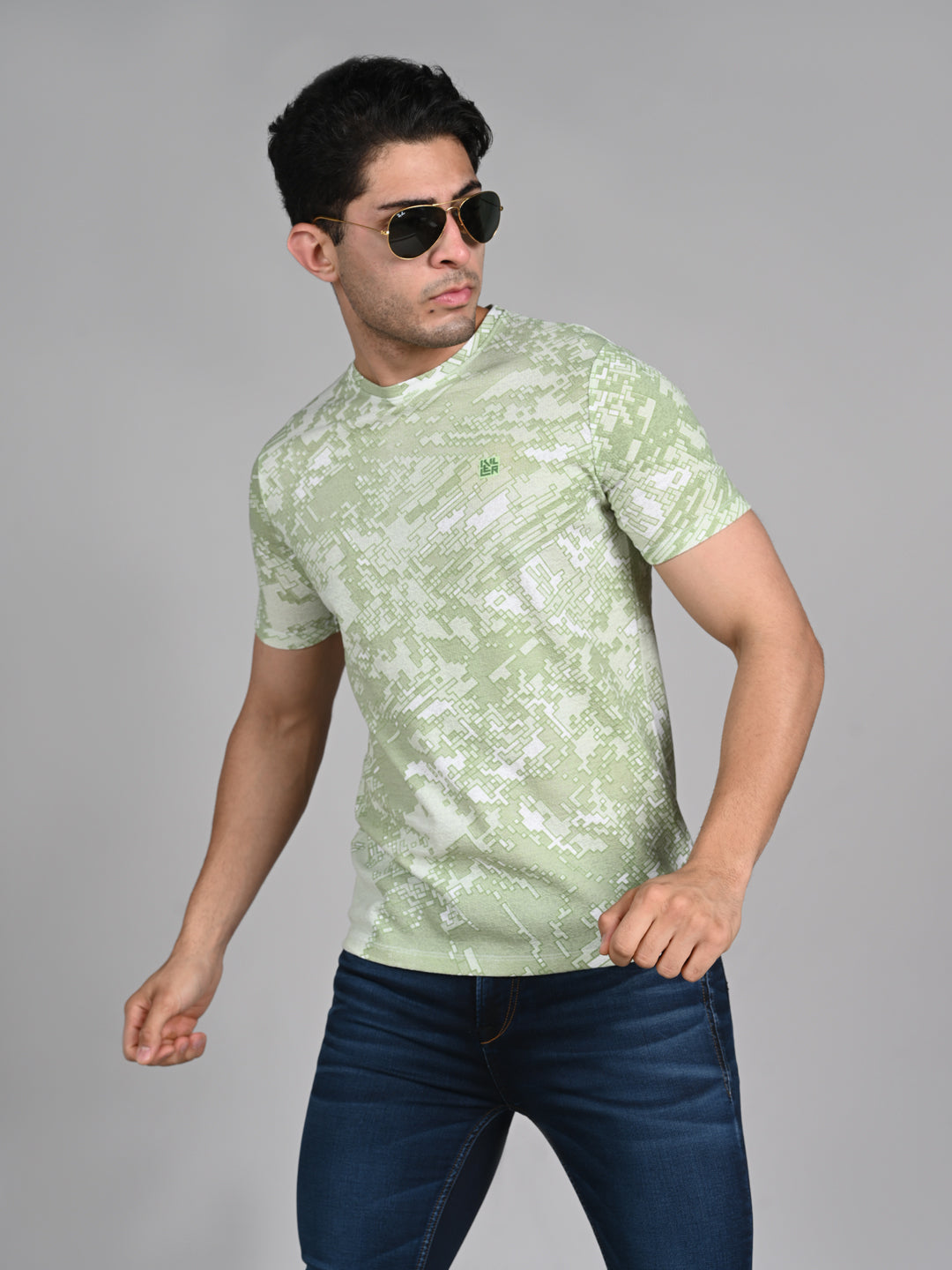 Killer Men Light Green Printed Round Neck T-Shirts