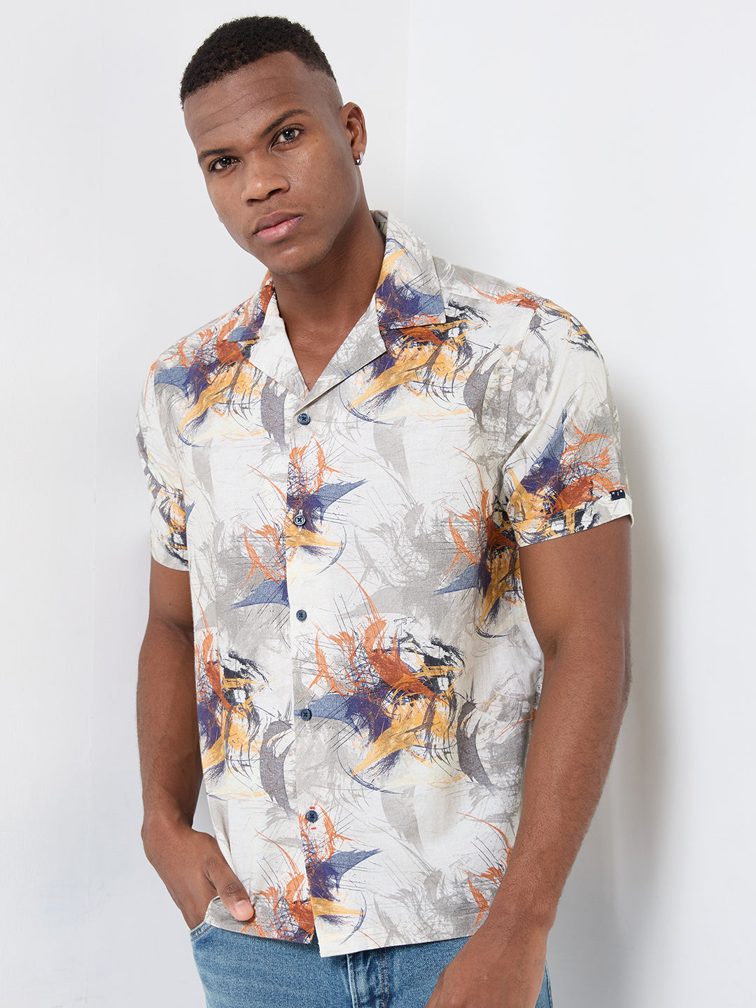 Half Sleeves Regular Fit Modern abstract botanical Cuban Collar Print Shirt