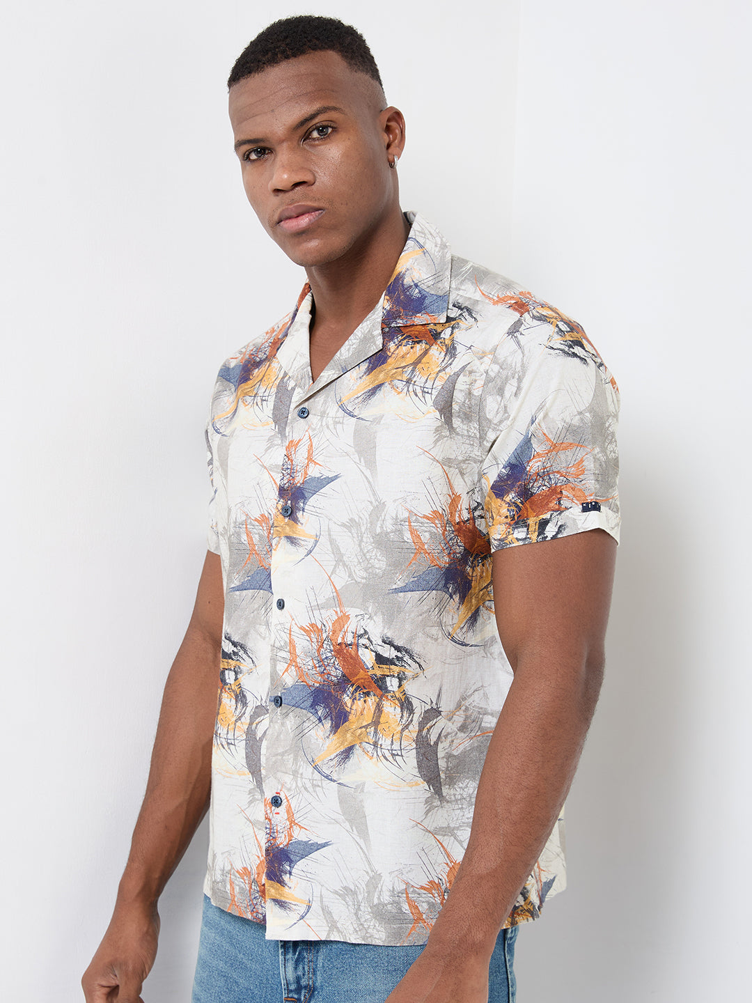 Half Sleeves Regular Fit Modern abstract botanical Cuban Collar Print Shirt