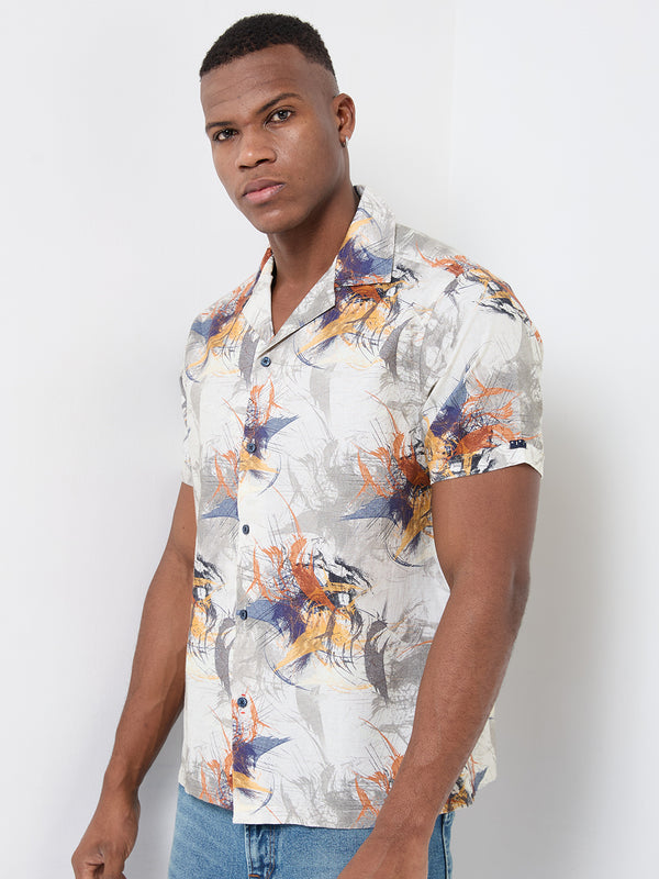 Half Sleeves Regular Fit Modern abstract botanical Cuban Collar Print Shirt