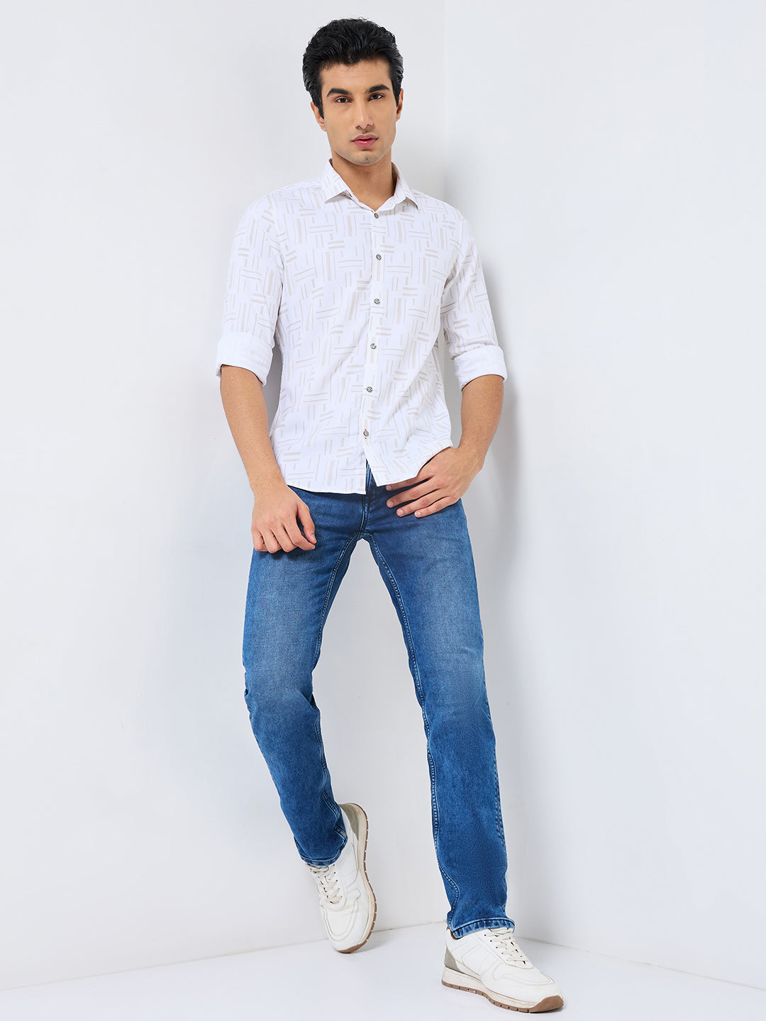 Men's Beige Printed Slim Fit Shirts
