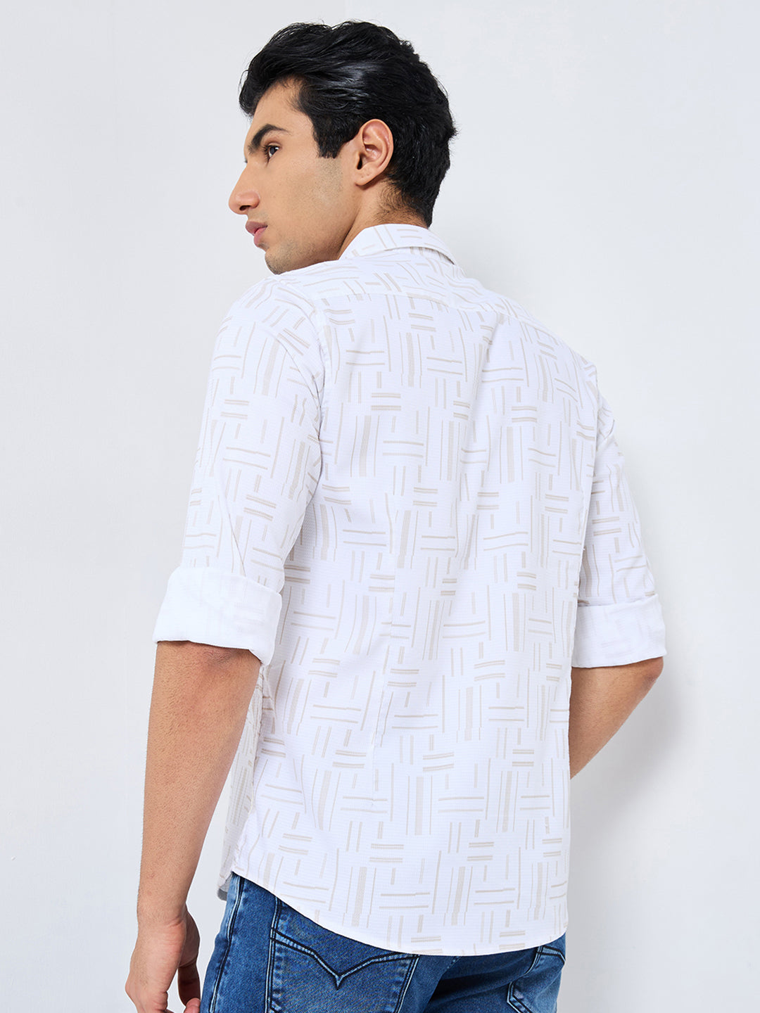 Men's Beige Printed Slim Fit Shirts