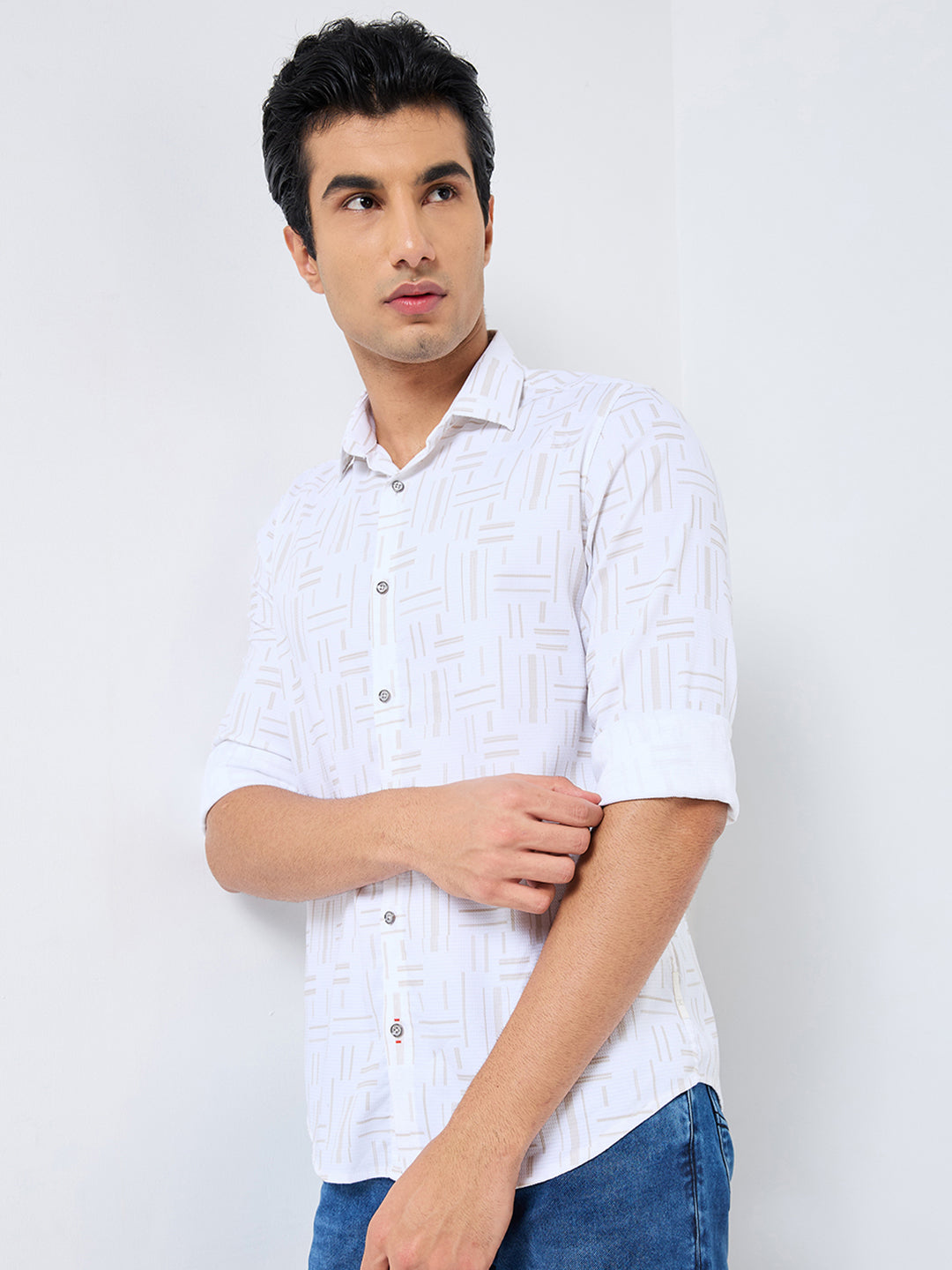 Men's Beige Printed Slim Fit Shirts