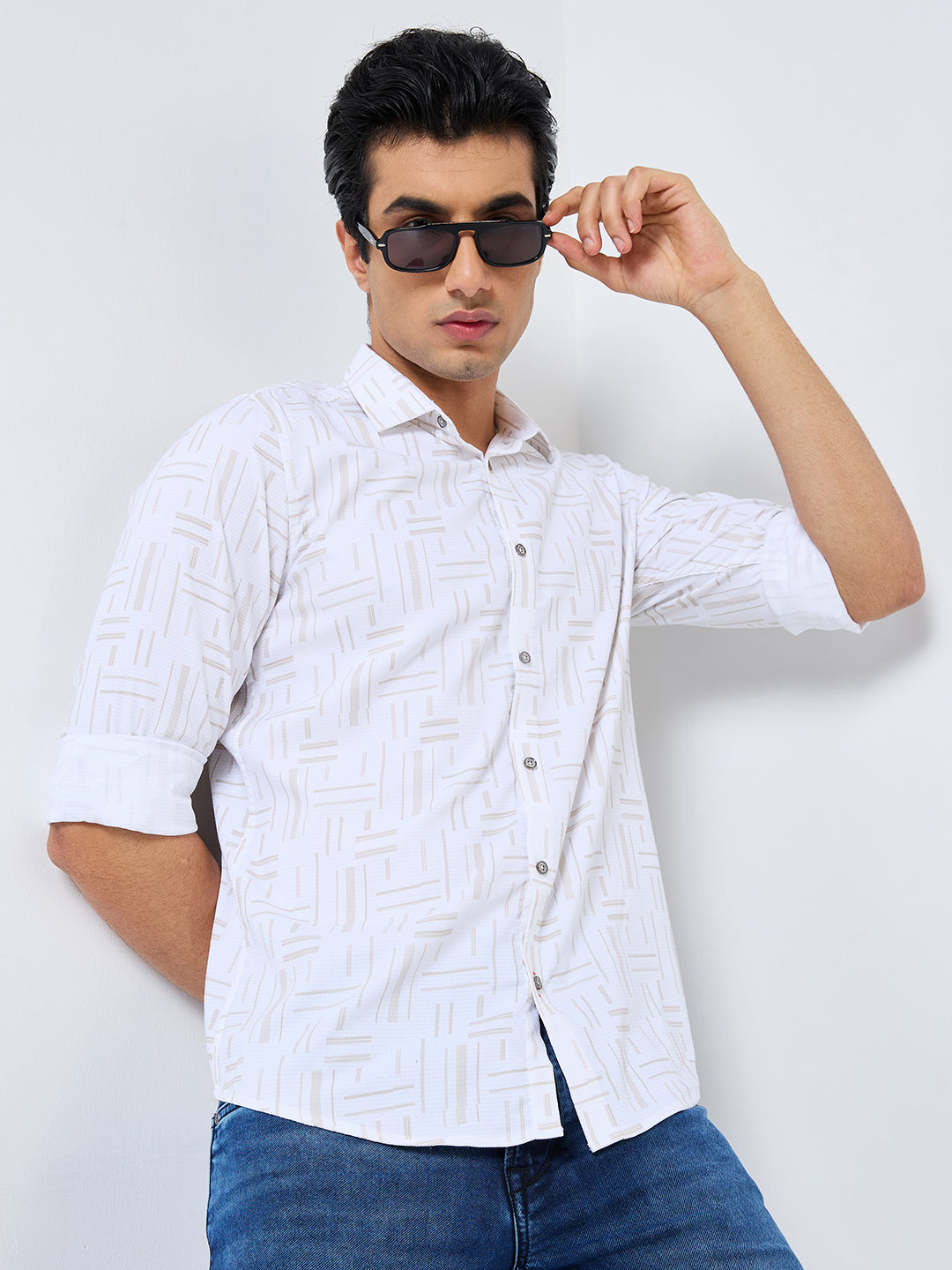 Men's Beige Printed Slim Fit Shirts