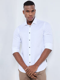 Full sleeves Slim Fit White Satin Solid Shirt