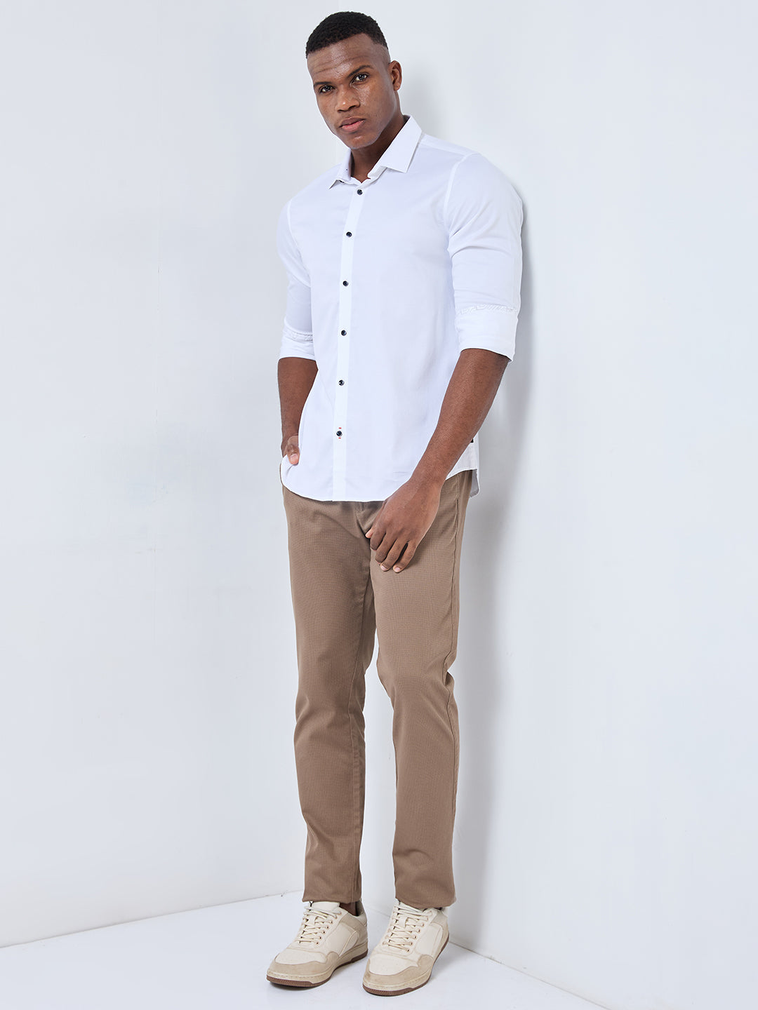 Full sleeves Slim Fit White Satin Solid Shirt