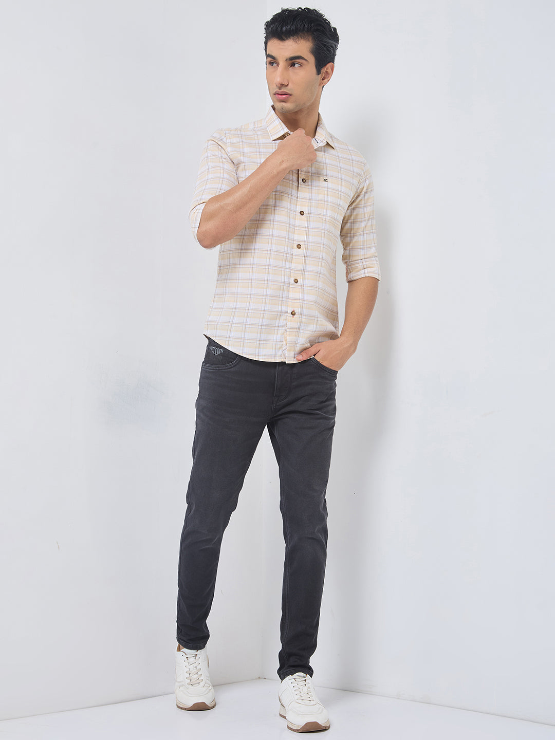 Killer Men Light Yellow Checks Slim Fit Shirts