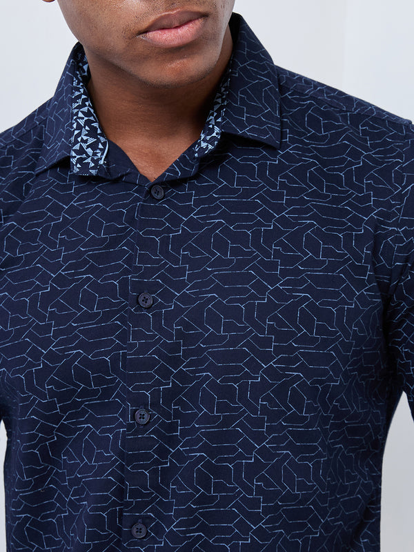 Killer Men Navy Blue Printed Slim Fit Shirts