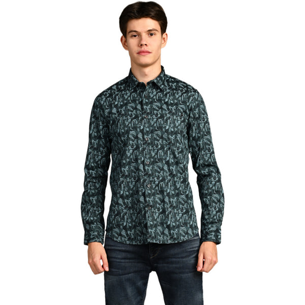 Killer Men Dark Green Printed Slim Fit Shirts