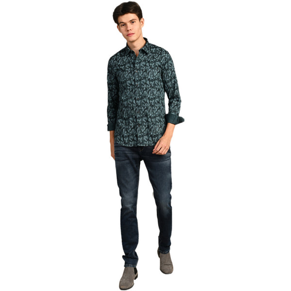 Killer Men Dark Green Printed Slim Fit Shirts