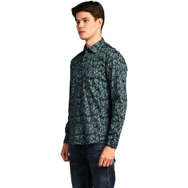 Killer Men Dark Green Printed Slim Fit Shirts