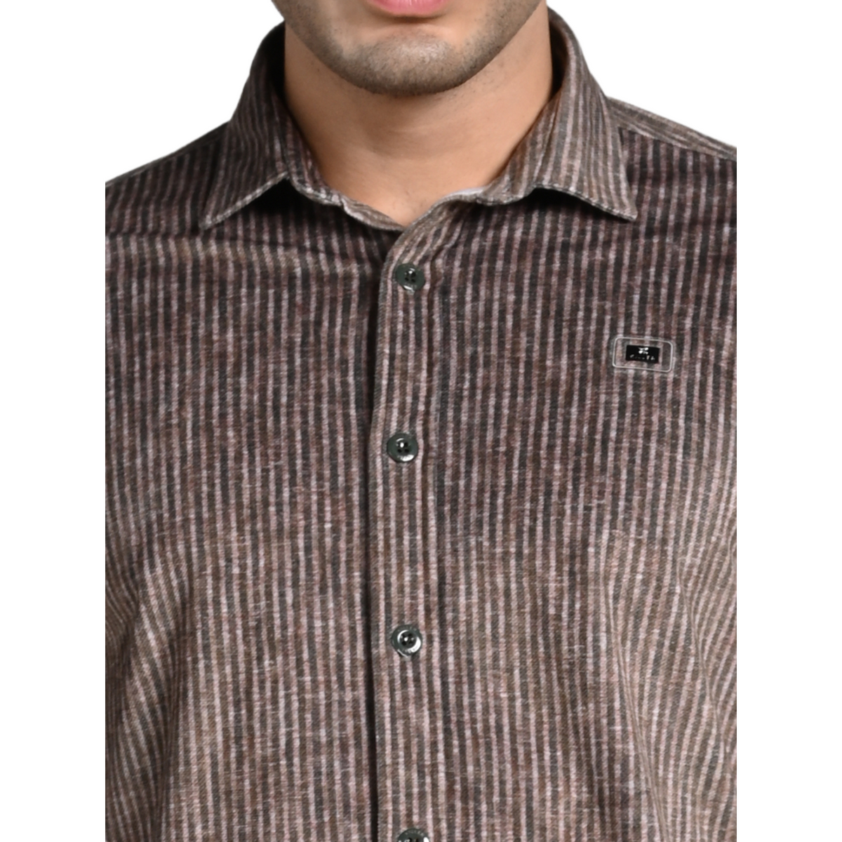 Full Sleeves Slim Fit Brown Grunge Stripe Uncut Corduroy Print Shirt