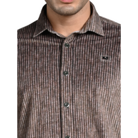 Full Sleeves Slim Fit Brown Grunge Stripe Uncut Corduroy Print Shirt