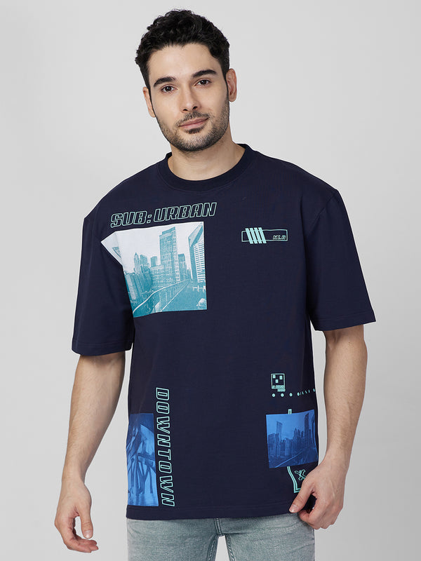 Killer Men Navy Blue Printed Round Neck T-Shirts