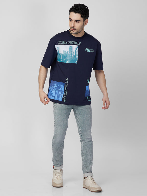 Killer Men Navy Blue Printed Round Neck T-Shirts