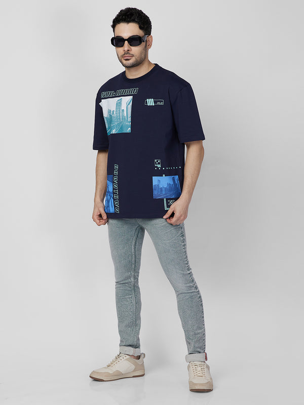 Killer Men Navy Blue Printed Round Neck T-Shirts