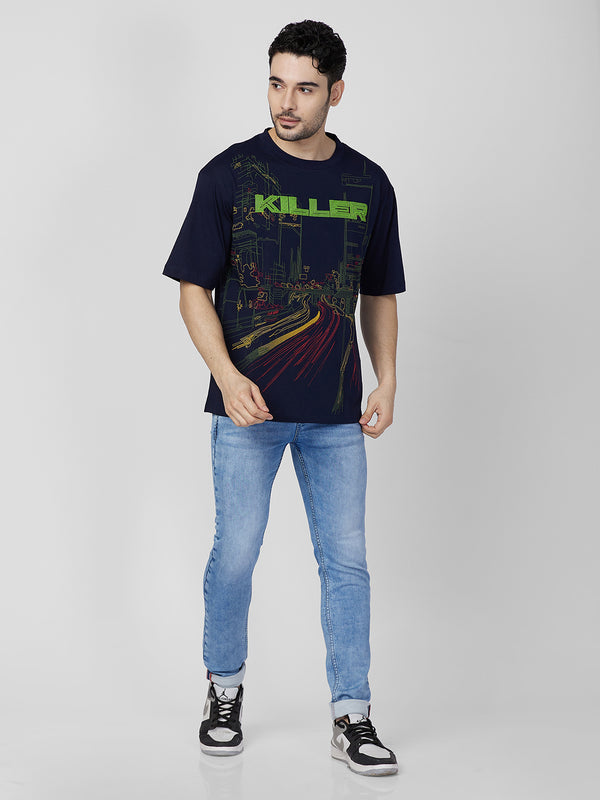 Killer Men Navy Blue Printed Round Neck T-Shirts