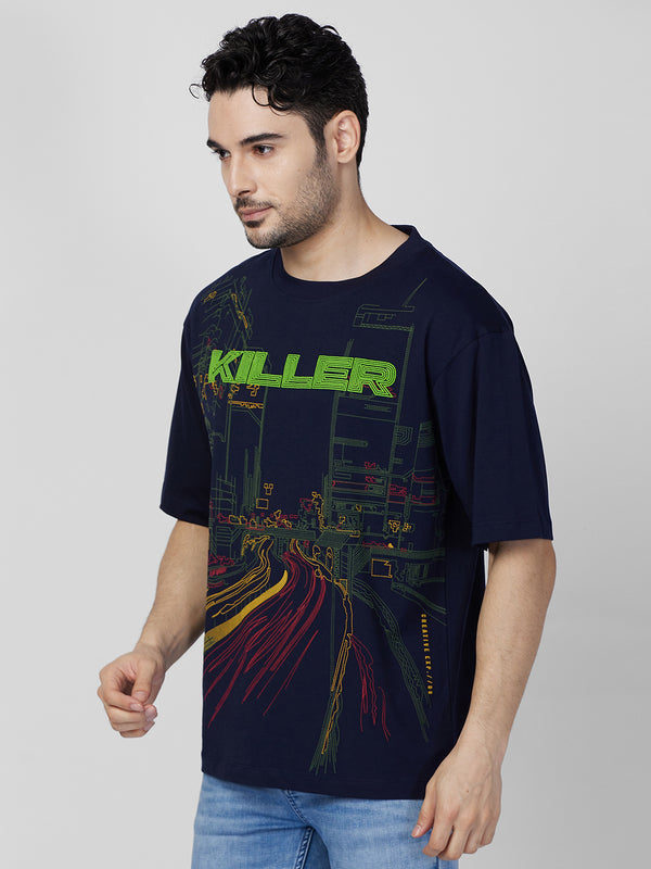 Killer Men Navy Blue Printed Round Neck T-Shirts
