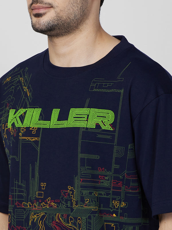 Killer Men Navy Blue Printed Round Neck T-Shirts
