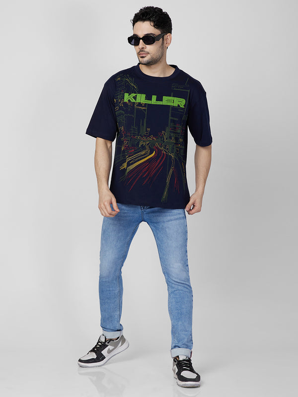 Killer Men Navy Blue Printed Round Neck T-Shirts