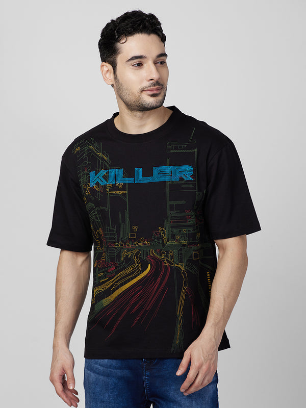 Killer Men Black Printed Round Neck T-Shirts