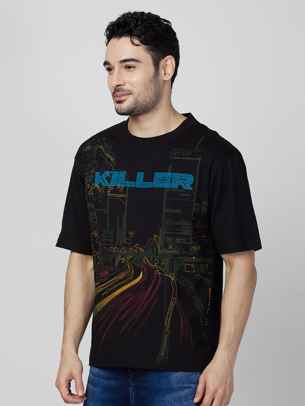 Killer Men Black Printed Round Neck T-Shirts