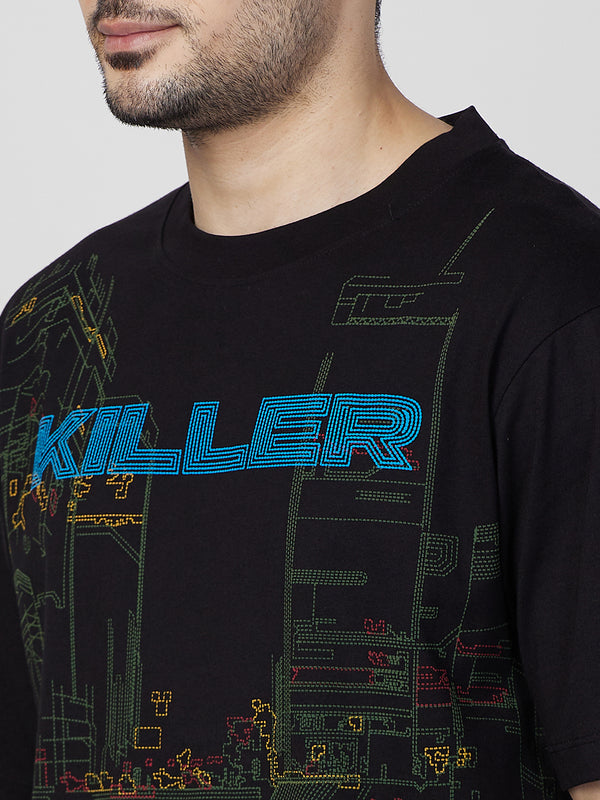 Killer Men Black Printed Round Neck T-Shirts