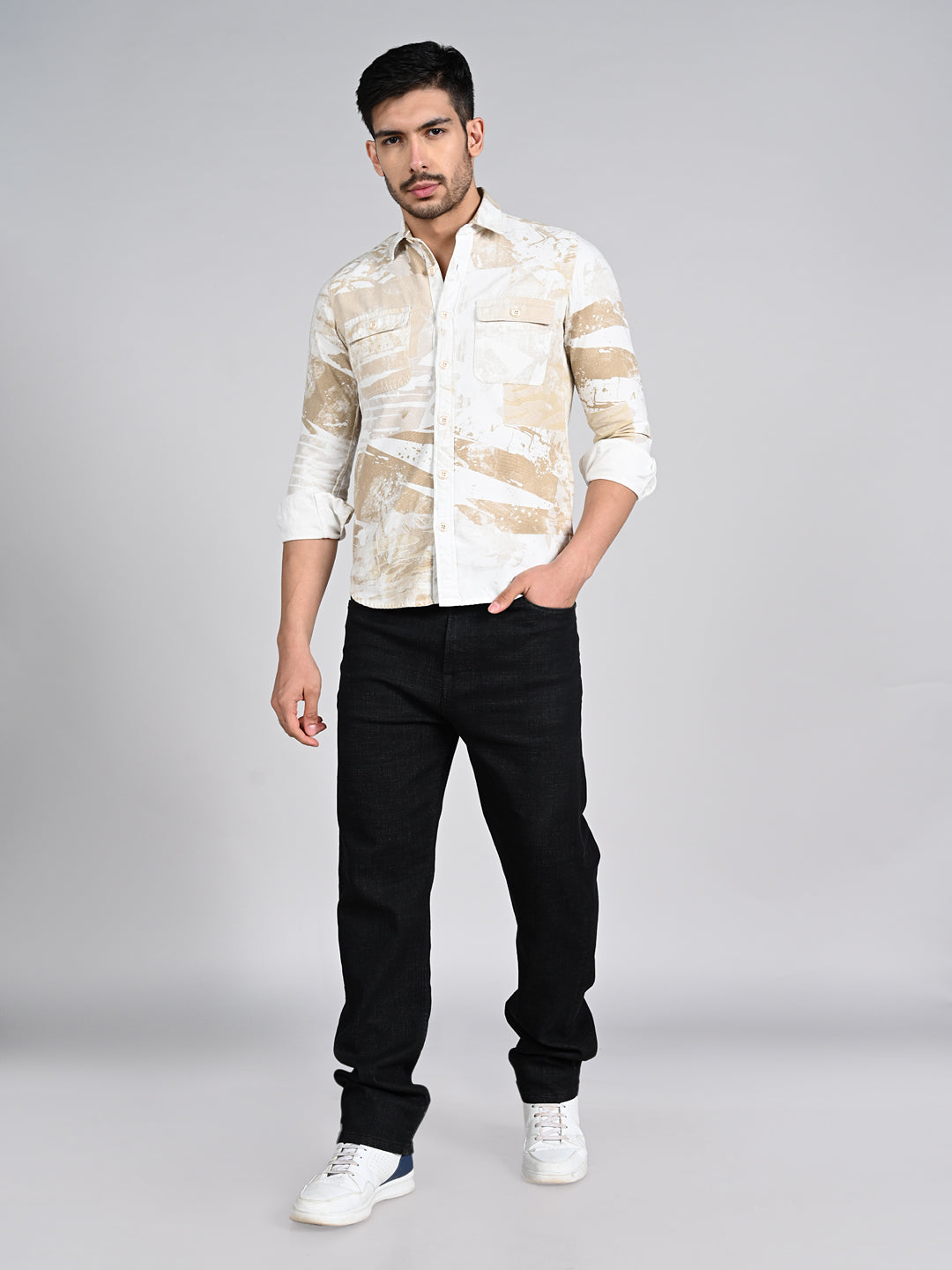 Killer Men Beige Printed Slim Fit Shirts