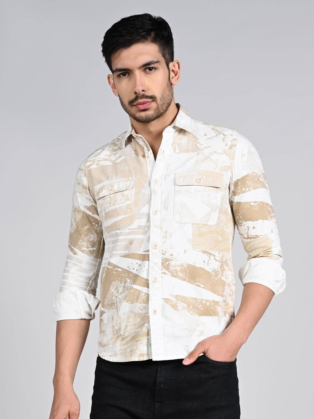 Killer Men Beige Printed Slim Fit Shirts