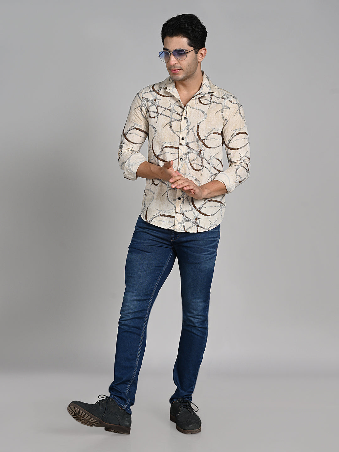 Killer Men Cream Printed Slim Fit Shirts
