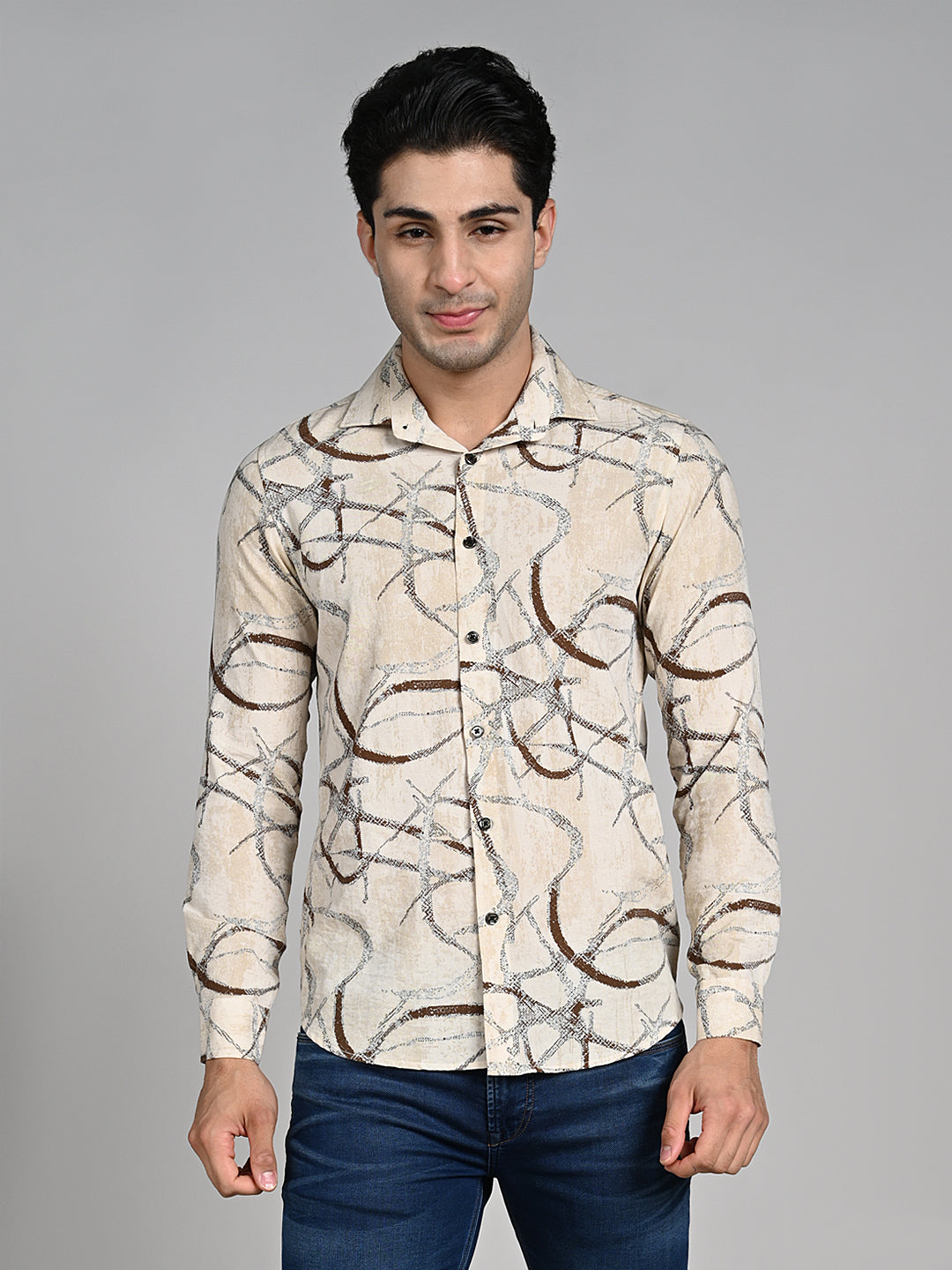 Killer Men Cream Printed Slim Fit Shirts