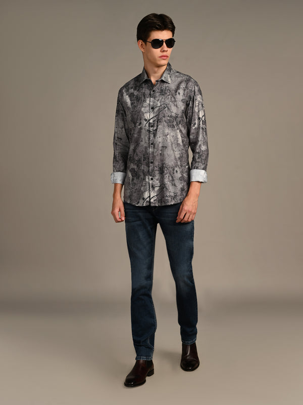 Killer Men Dark Grey Printed Slim Fit Shirts