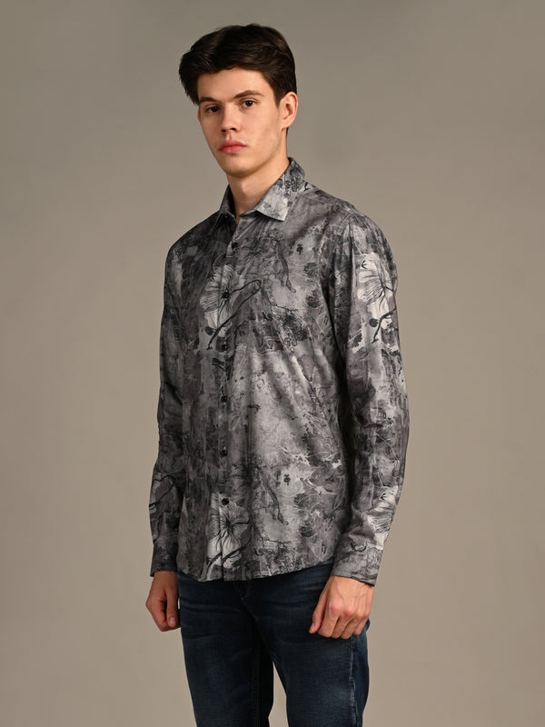 Killer Men Dark Grey Printed Slim Fit Shirts