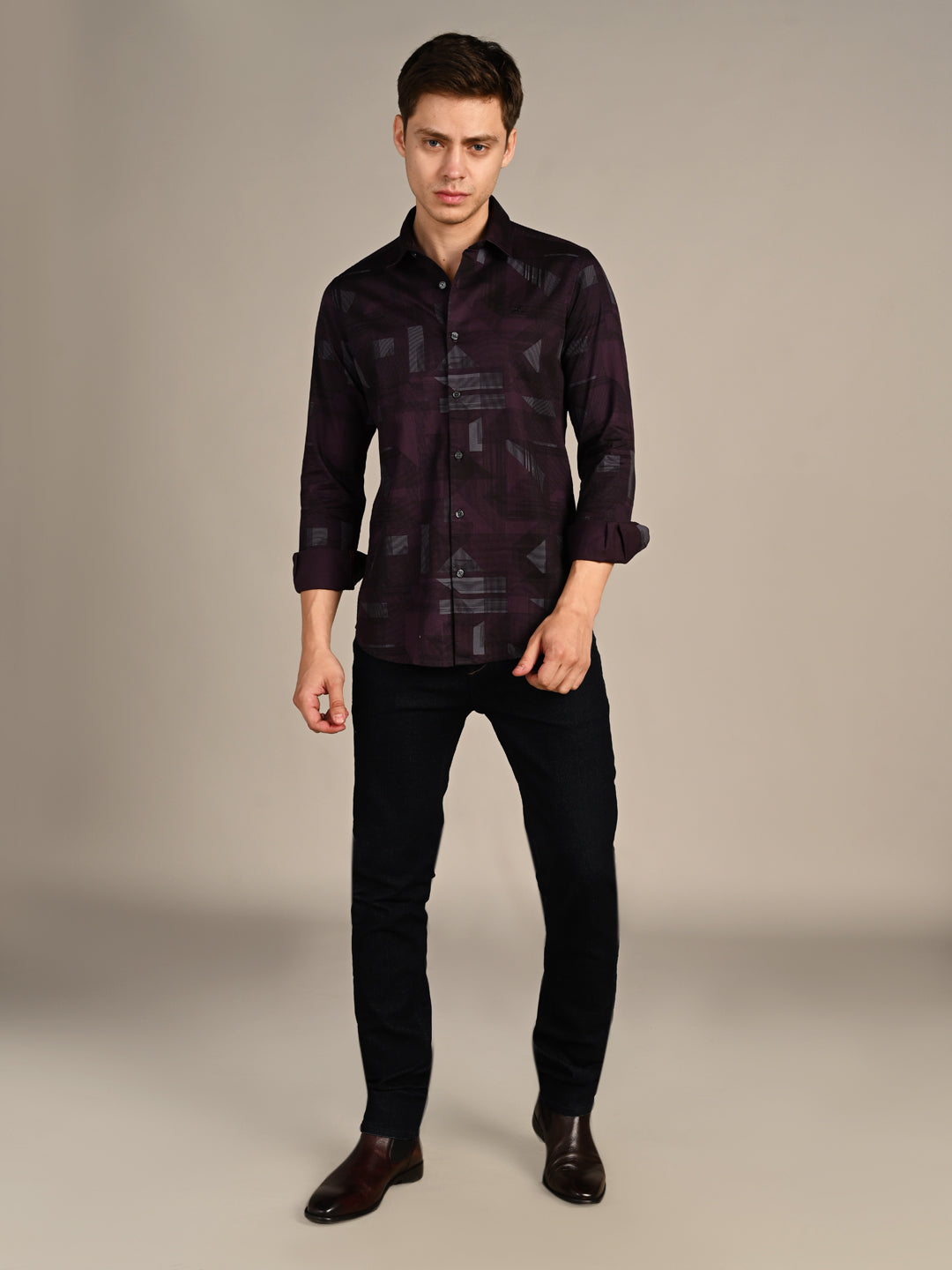 Killer Men Wine Printed Slim Fit Shirts