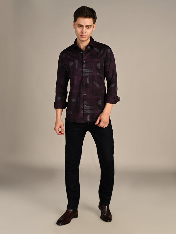Killer Men Wine Printed Slim Fit Shirts