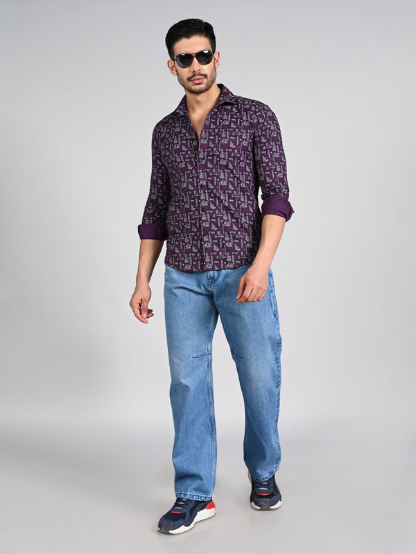 Killer Men Wine Printed Slim Fit Shirts