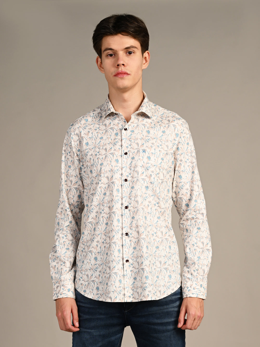Killer Men Cream Printed Slim Fit Shirts