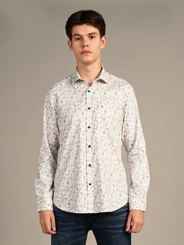 Killer Men Cream Printed Slim Fit Shirts